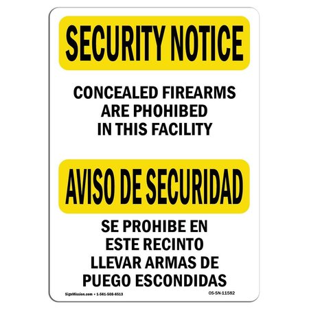 SIGNMISSION OSHA Security Sign, 7" Height, 10" Width, Rigid Plastic, No Concealed Carry Bilingual, Landscape OS-SN-P-710-L-11582
